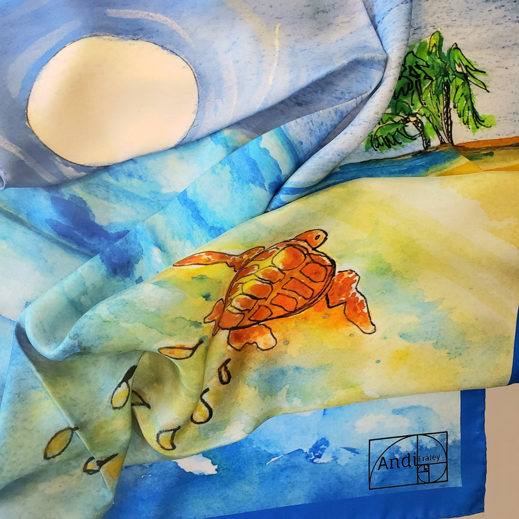 35 x 35 inch square 100% Italian Silk Twill Sea Turtle to the Shore