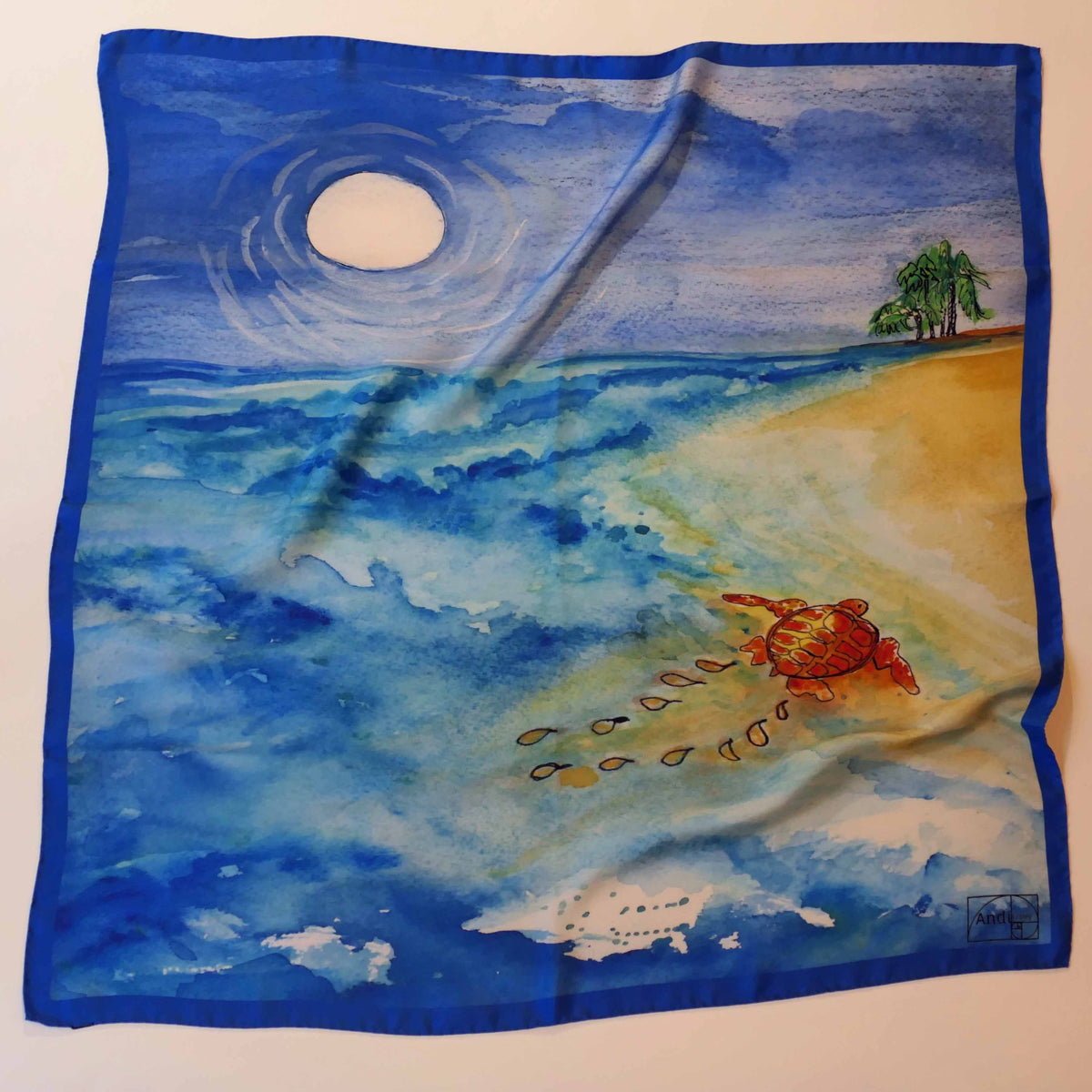 35 x 35 inch square 100% Italian Silk Twill Sea Turtle to the Shore