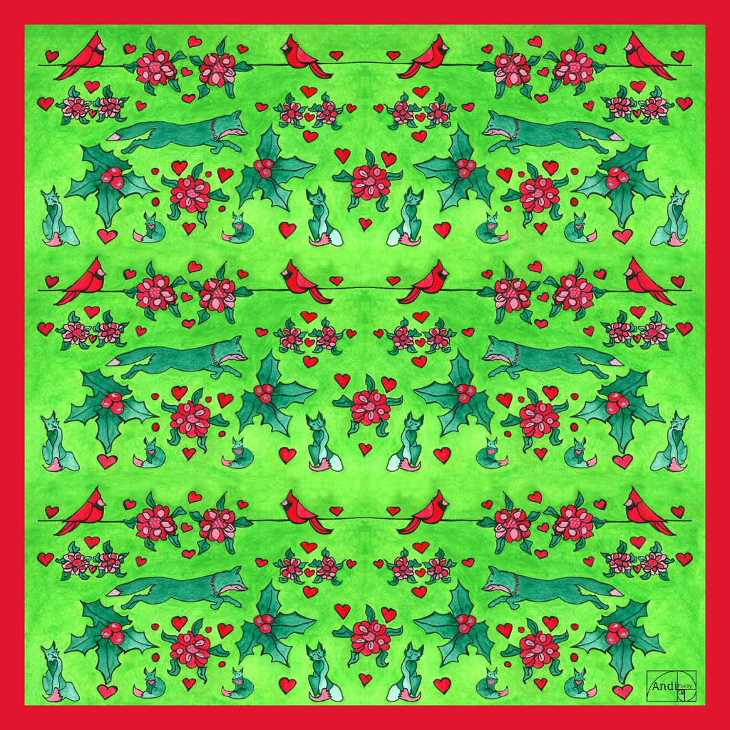 XCustom Limited Edition 20 x 20 inch square 100% Italian Silk Twill Fox + Cardinal's Holly Day