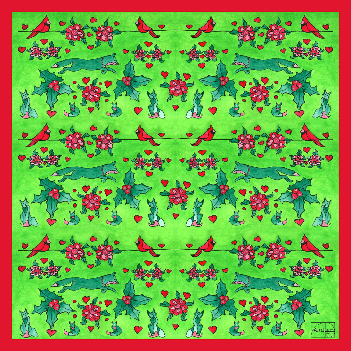 XCustom Limited Edition 20 x 20 inch square 100% Italian Silk Twill Fox + Cardinal's Holly Day