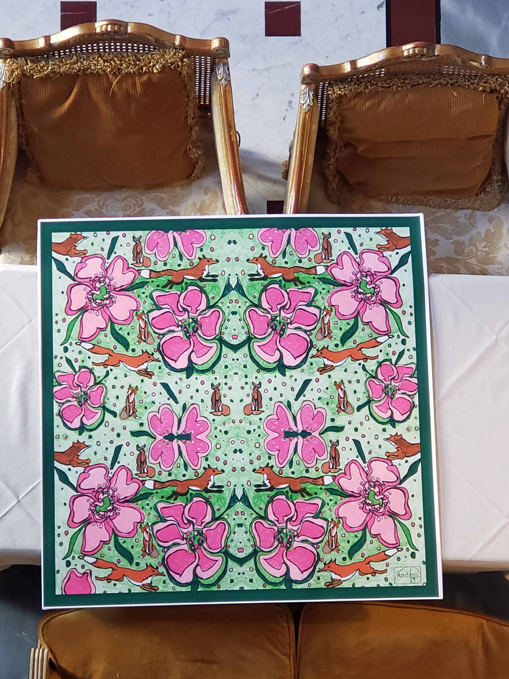 35 x 35 inch square 100% Italian Silk Twill  Fox in Pink and Green