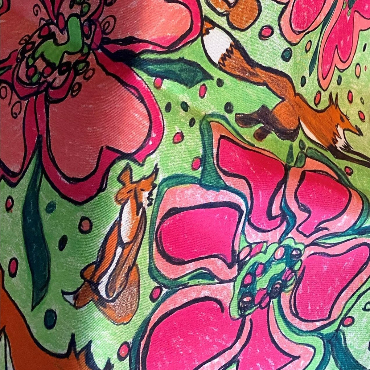 35 x 35 inch square 100% Italian Silk Twill  Fox in Pink and Green