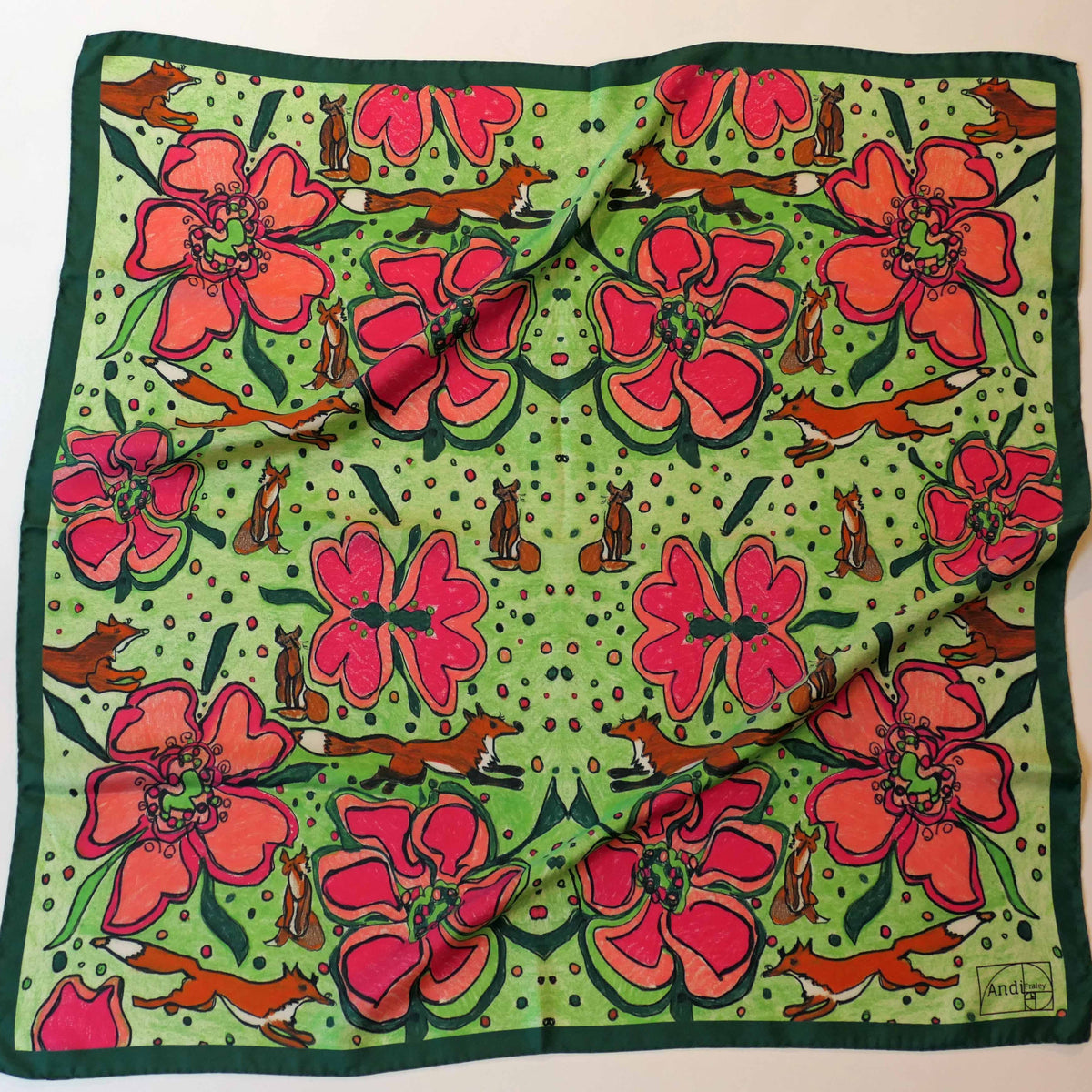 35 x 35 inch square 100% Italian Silk Twill  Fox in Pink and Green