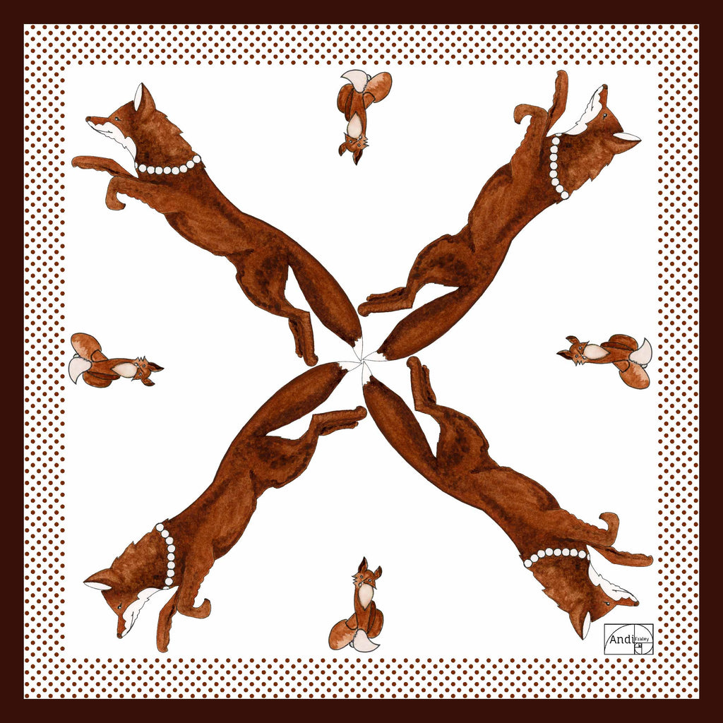 35 x 35 inch square 100% Italian Silk Twill Racing Fox with Pearls