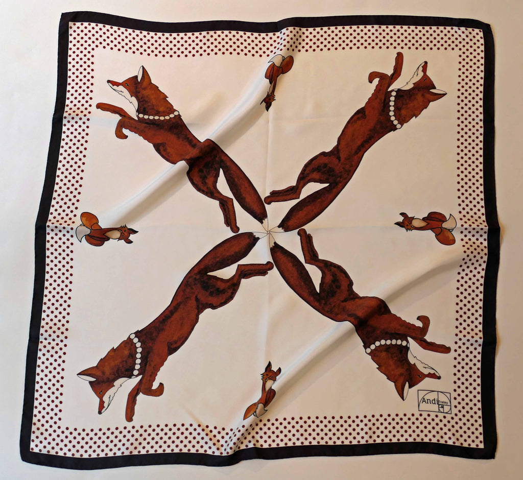 35 x 35 inch square 100% Italian Silk Twill Racing Fox with Pearls