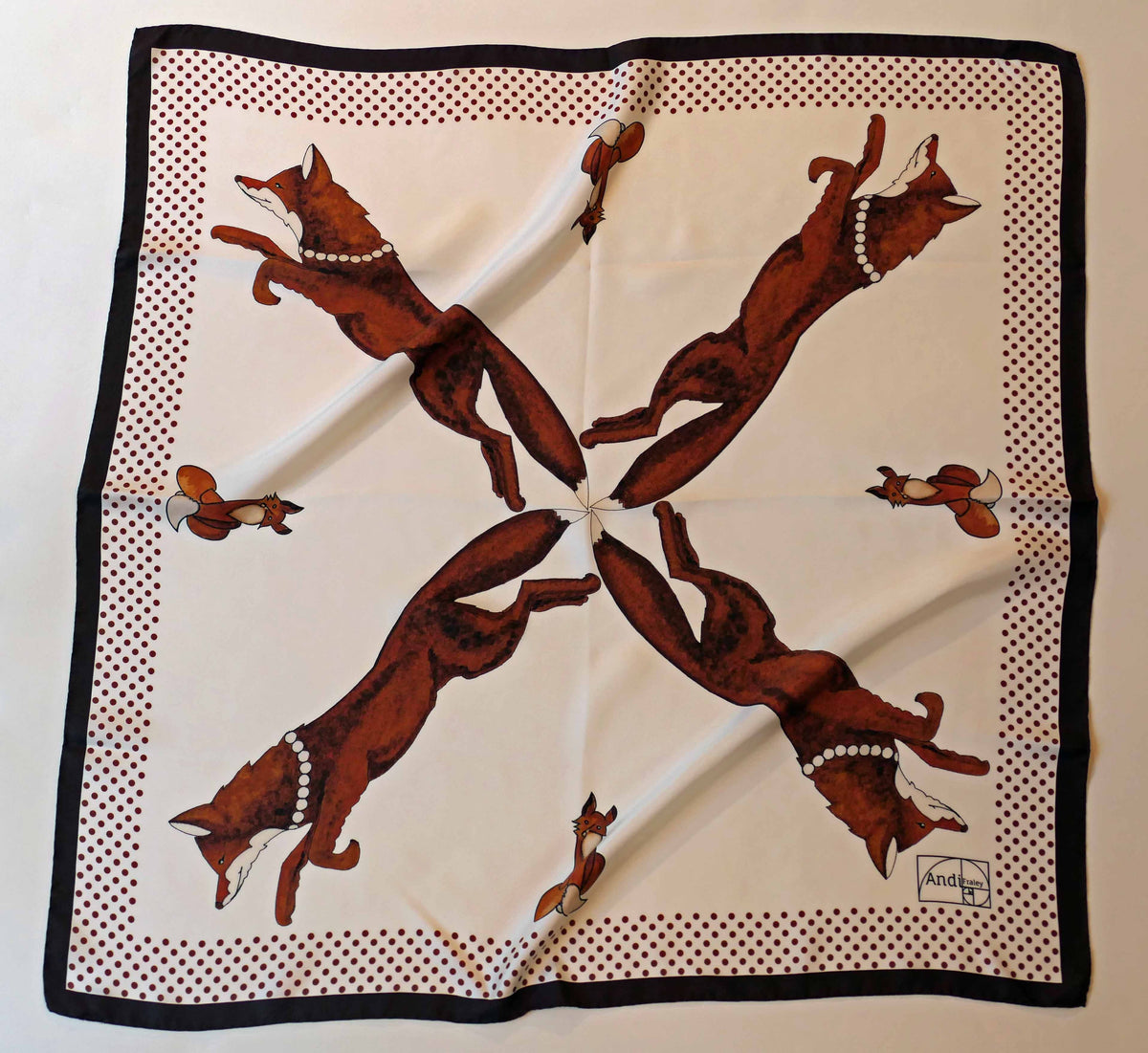 35 x 35 inch square 100% Italian Silk Twill Racing Fox with Pearls